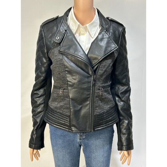 bebe Jacket Quilted‎ Vegan Leather Stretch Fabric Women M Black Moto Biker - Picture 1 of 14